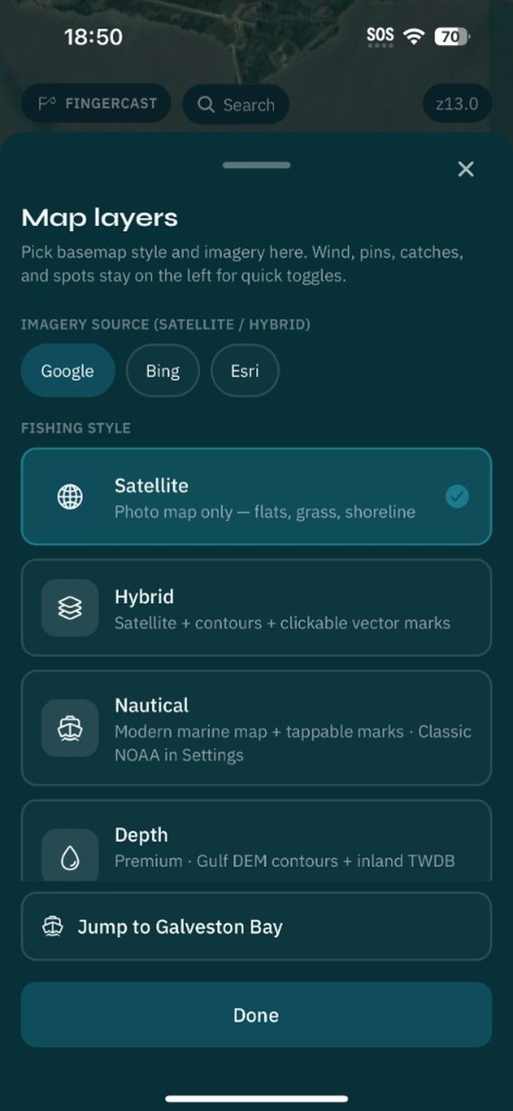 Map layers sheet for satellite, hybrid, nautical, and depth
