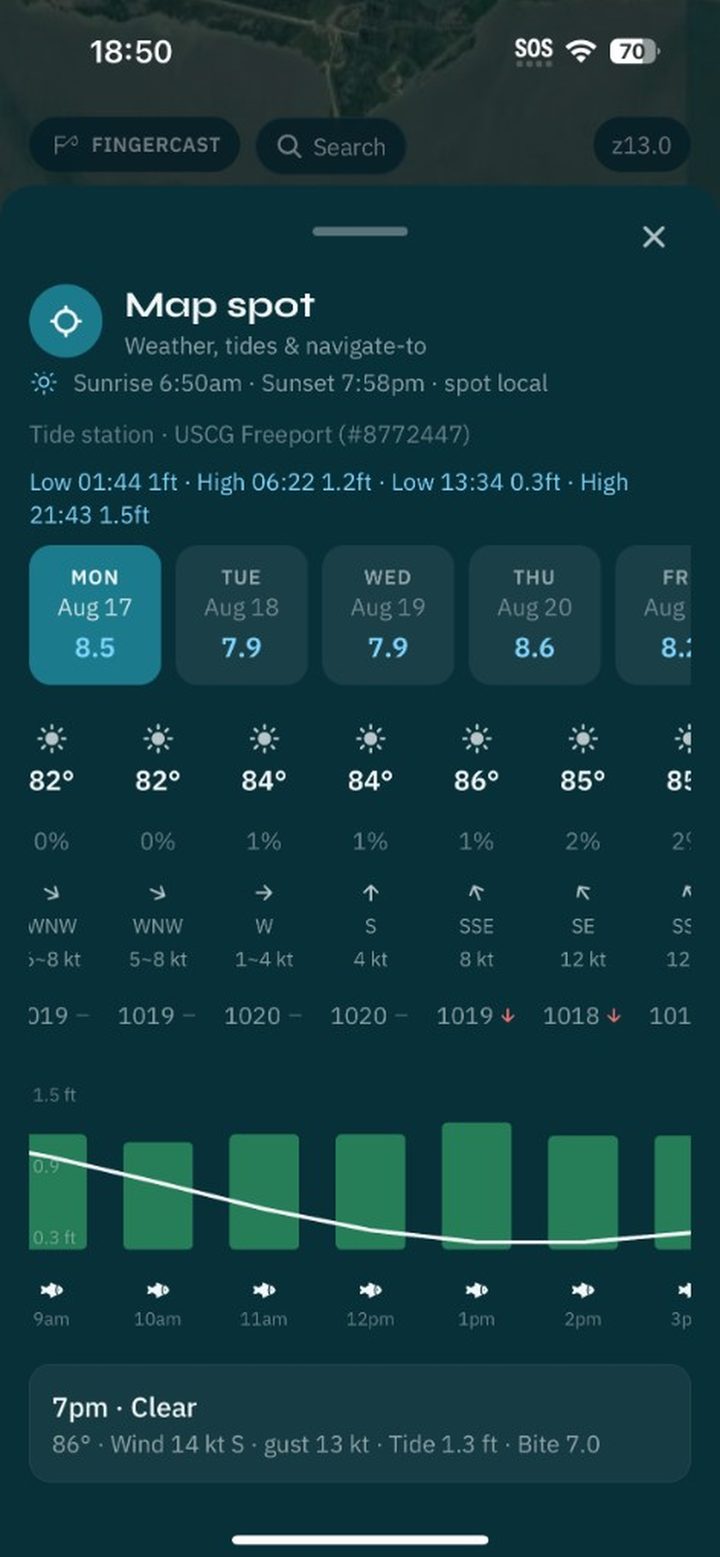 Spot sheet with wind, weather, and tide